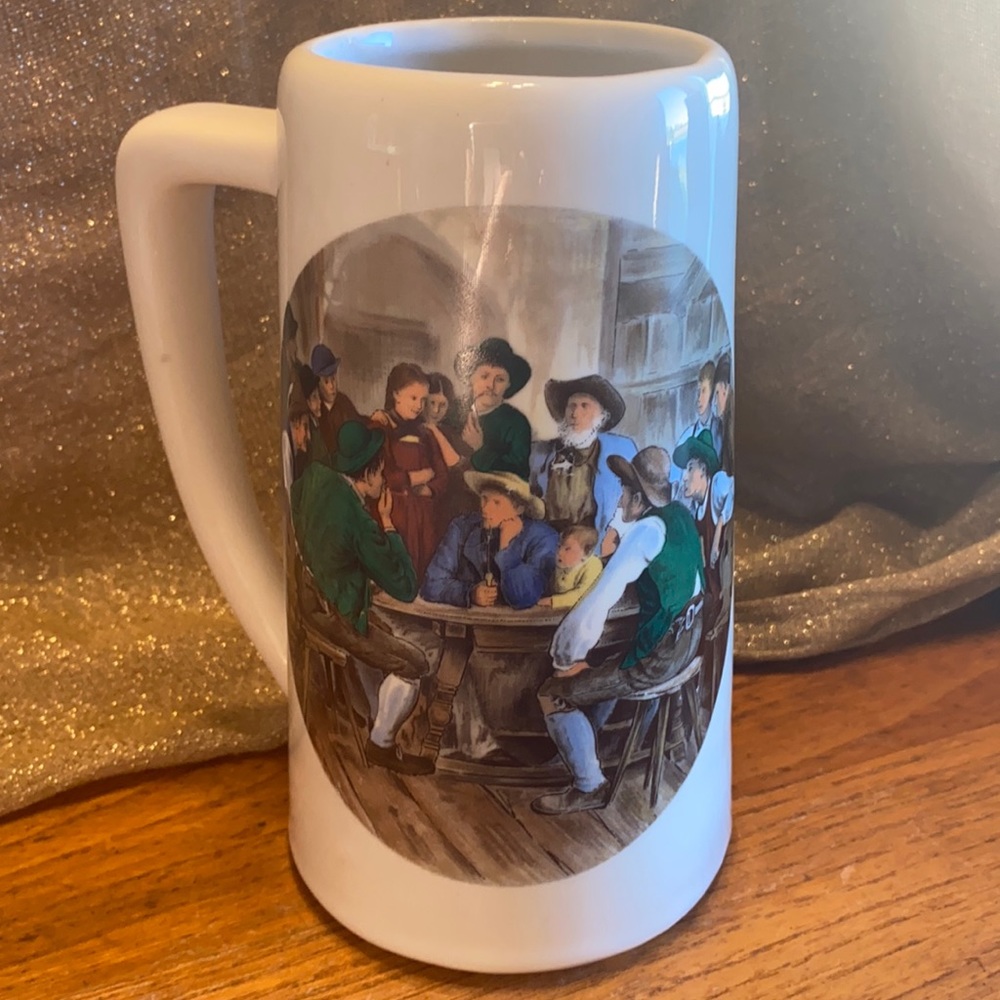 Vintage McCoy pottery marked transfer wear pub scene cream Stein/mug